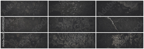 Set of dark wide panoramic background textures. Collection of natural textures of stone covered with lichen. Lichen patterns on a rock surface. Bundle of faded dark backgrounds for design.