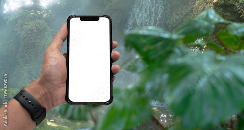 Hand holding white mobile phone with blank white screen in forest.