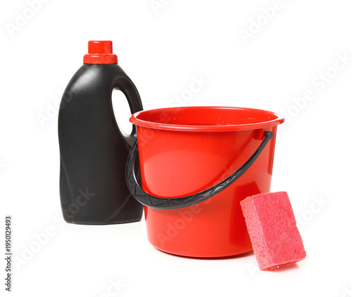 Red bucket of water with cl...