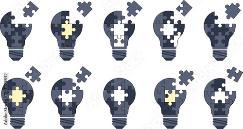 Light bulb puzzle concept icons representing creative problem solving innovation idea thinking flat vector illustration set
