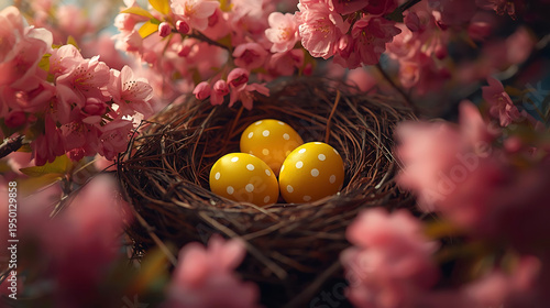 Wallpaper Mural Cherry blossoms frame a cozy nest with vibrant yellow Easter eggs Torontodigital.ca