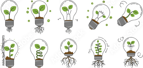 Plant growing inside light bulb concept icons eco innovation sustainability green energy flat vector illustration set