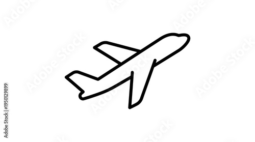 Minimalist black-and-white outline of airplane in side view with wings, tail, and fuselage, symbolizing aviation, air travel, transportation, and flight in modern travel and educational contexts.