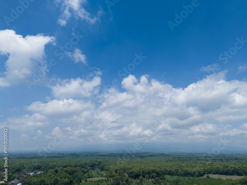 High angle perspective of vast blue sky and fluffy clouds over tropical teak forest landscape.