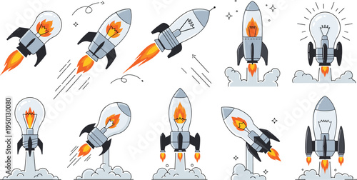 Rocket launch light bulb concept icons creative startup innovation idea development flat vector illustration set