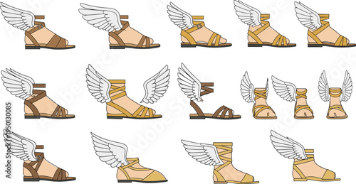 Winged sandals mythological footwear collection inspired by Hermes Mercury flying shoes ancient mythology flat vector illustration set