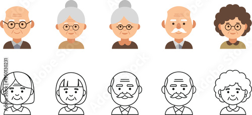 Senior people avatar collection with elderly men and women portraits cartoon character icons flat vector illustration set