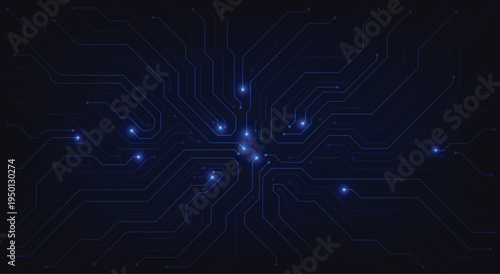 Blue circuit board technology background with digital processor chip and electronic motherboard pattern design