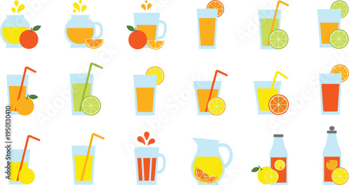 Fresh citrus juice drinks collection with orange lemon lime beverages glasses pitcher and bottles flat vector illustration set