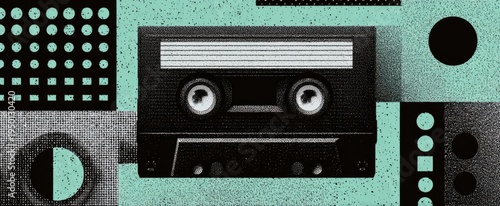 Wallpaper Mural Stylish halftone dot patterns featuring classic cassette tapes and boombox for retro design. Torontodigital.ca