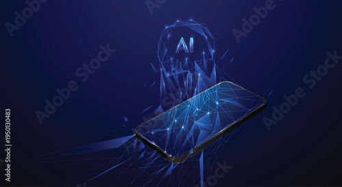 AI Smart Connection: A cutting-edge mobile phone interacts with an abstract AI-driven digital network, symbolizing the future of connectivity and smart technology. 