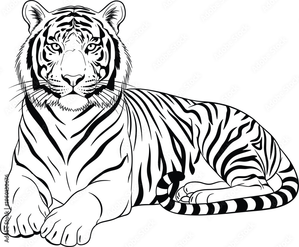 Obraz premium Tiger Wild Animal Line Art Illustration with Detailed Stripes and Majestic Big Cat Pose Representing Wildlife, Predator and Nature Vector Design