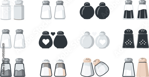 Salt and pepper shaker icon collection with kitchen seasoning containers condiment bottles flat vector illustration set