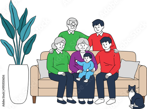 Three Generation Family Sitting on Sofa with Grandparents, Parents and Child Together at Home Representing Family Love, Bonding and Happy Household Illustration