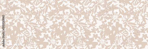 Seamless abstract floral pattern. Flowers, leaves, organic plant shape print. Modern botanical vector background. Simple minimal foliage texture. Neutral beige tropical silhouette design. Bohemian bg