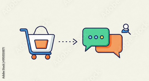 Shopping cart leads to online customer service chat with speech bubbles on a beige background