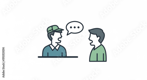 Two men talking in conversation with speech bubble communication concept