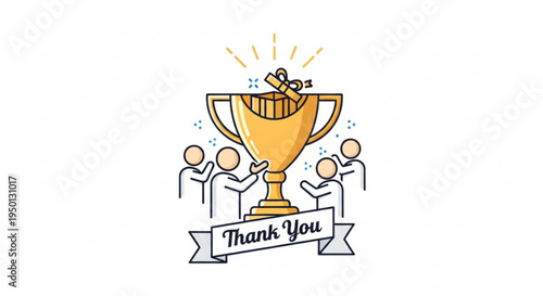 Golden trophy with three people and thank you banner symbolizing team achievement and gratitude