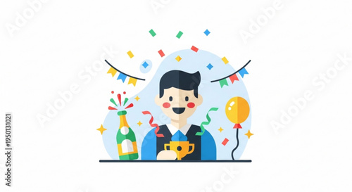 Man celebrating with champagne and trophy in festive atmosphere