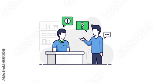 Two men discussing and asking questions at a desk with speech bubbles