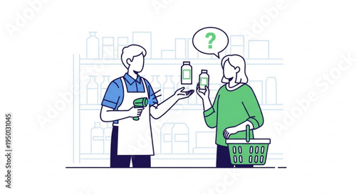 Shopkeeper and customer comparing products in a store with a question