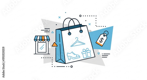 Shopping bag with clothes and shoes sale tag and storefront symbolizing online shopping and retail therapy