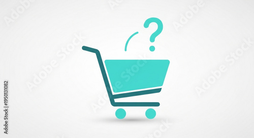 Teal shopping cart icon with question mark on light gray background symbolizing uncertainty in online shopping or e commerce decisions
