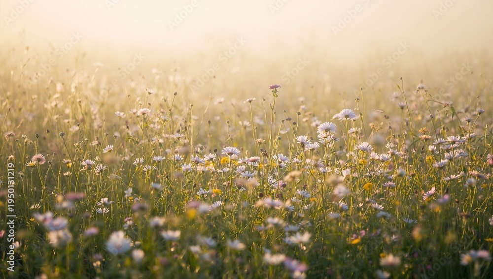 Fototapeta premium Blooming cluster of daisy-like wildflowers swaying in sunlit meadow, showing creamy bokeh