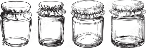 detailed black and white outline drawing of a sweet fruit jam jar, ideal for homemade food and preserve illustrations