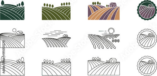 Agricultural farmland landscape icons with crop fields hills farm house rural countryside flat vector illustration set