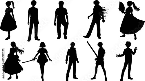 Anime character silhouette set boy girl manga style standing action poses sword fan dress black vector illustration collection