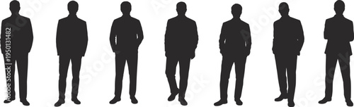 Business men silhouettes standing in formal poses isolated on white background, corporate male professionals collection, flat vector illustration