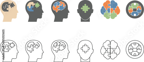 Human brain puzzle concept icons with head silhouettes mental health psychology intelligence flat vector illustration set