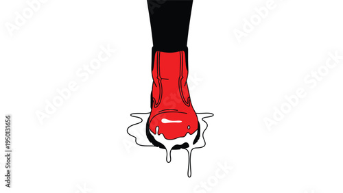 Red rubber boot stepping firmly into a puddle of white liquid like milk or paint against a clean and minimalist white backdrop.