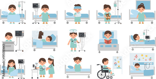 Hospital patient care scenes with doctors nurses children treatment recovery wheelchair and medical support flat vector illustration set