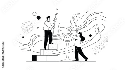 Artistic black and white illustration of people preparing a large glass of wine with abstract wavy lines in the background.