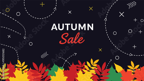 Autumn sale banner design featuring a dark background with colorful falling leaves and abstract geometric shapes for promotion.