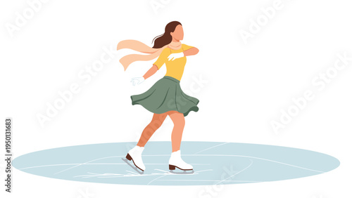 Graceful female figure skater in a yellow top and green skirt performing a dance move on an ice rink during winter sports.