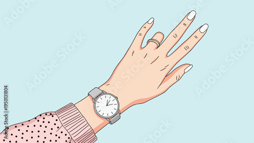 Close up view of a woman's hand wearing a minimalist silver wristwatch and a gold ring while reaching out against a blue sky.