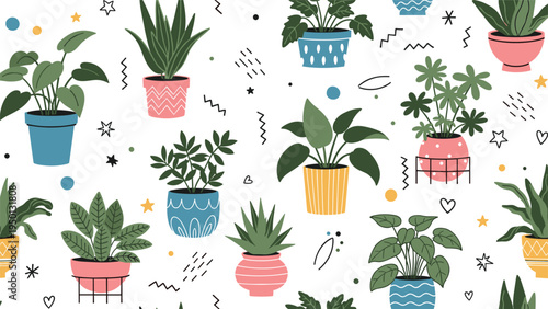 Seamless pattern background featuring various types of indoor potted plants and succulents in colorful decorative ceramic pots.