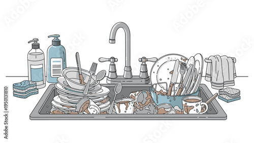 Messy kitchen sink overflowing with dirty dishes and mugs covered in stains next to bottles of soap and a cleaning sponge.