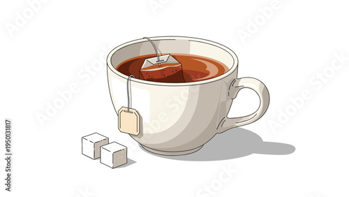 Warm cup of tea with a visible tea bag soaking in hot water served next to two white sugar cubes on a clean white surface.