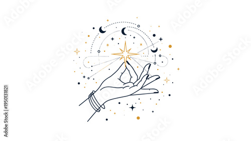Mystical illustration of a hand reaching out to touch a bright glowing star surrounded by crescent moons and celestial elements.