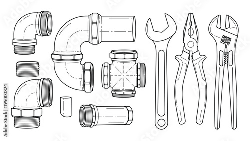 Set of essential plumbing components including metal pipes and connectors along with professional hand tools like wrenches.