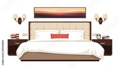 Elegant hotel room interior featuring a large comfortable bed with white linens and symmetrical nightstands with reading lamps.