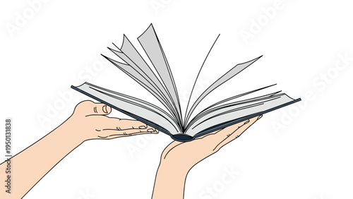 Pair of hands holding an open book with pages fluttering in the wind against a plain white background symbolizing knowledge.