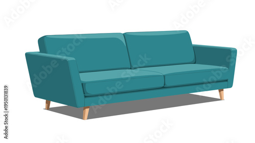 Contemporary teal fabric sofa with wooden legs shown in perspective against a solid white background for interior design use.