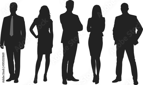 Business people silhouettes set, professional men and women standing poses, corporate team concept, black isolated shapes, flat vector illustration