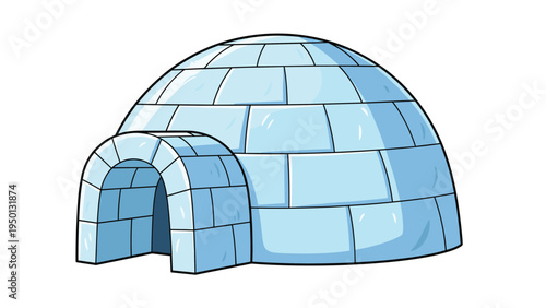 Traditional snow block igloo with a small entrance tunnel standing on a white background representing arctic winter shelters.