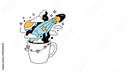Creative illustration of a white coffee mug with a whimsical scene of planets and stars and clouds popping out of the top.